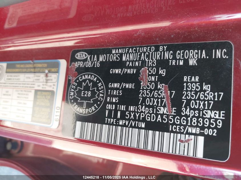2016 Kia Sorento Lx/L VIN: 5XYPGDA55GG183959 Lot: 12445218