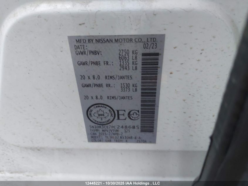 2023 Nissan Pathfinder Sl VIN: 5N1DR3CE7PC248685 Lot: 12445221