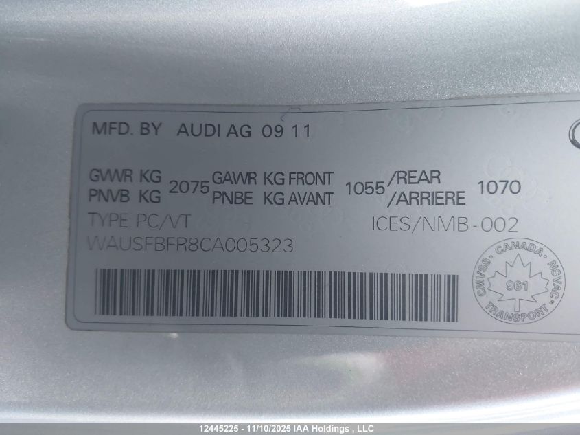 2012 Audi A5 Premium VIN: WAUSFBFR8CA005323 Lot: 12445225