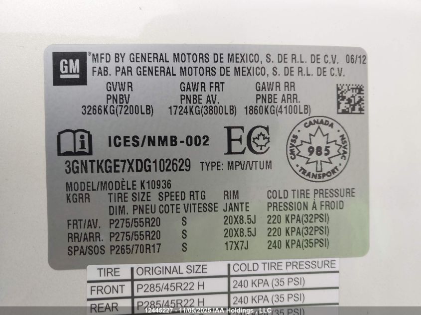 2013 Chevrolet Avalanche Ltz VIN: 3GNTKGE7XDG102629 Lot: 12445227