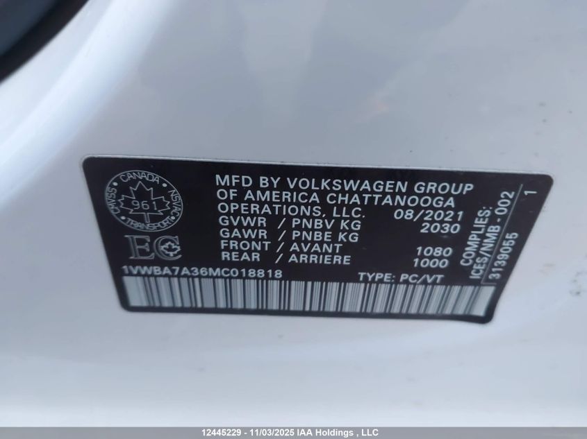 2021 Volkswagen Passat Highline VIN: 1VWBA7A36MC018818 Lot: 12445229