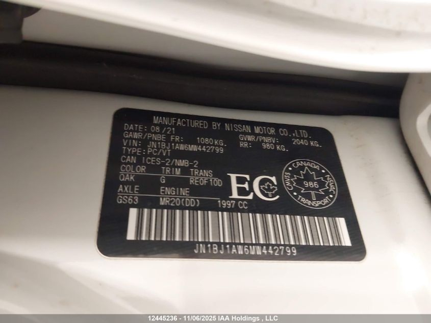 2021 Nissan Qashqai VIN: JN1BJ1AW6MW442799 Lot: 12445236