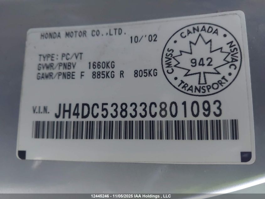 2003 Acura Rsx VIN: JH4DC53833C801093 Lot: 12445246