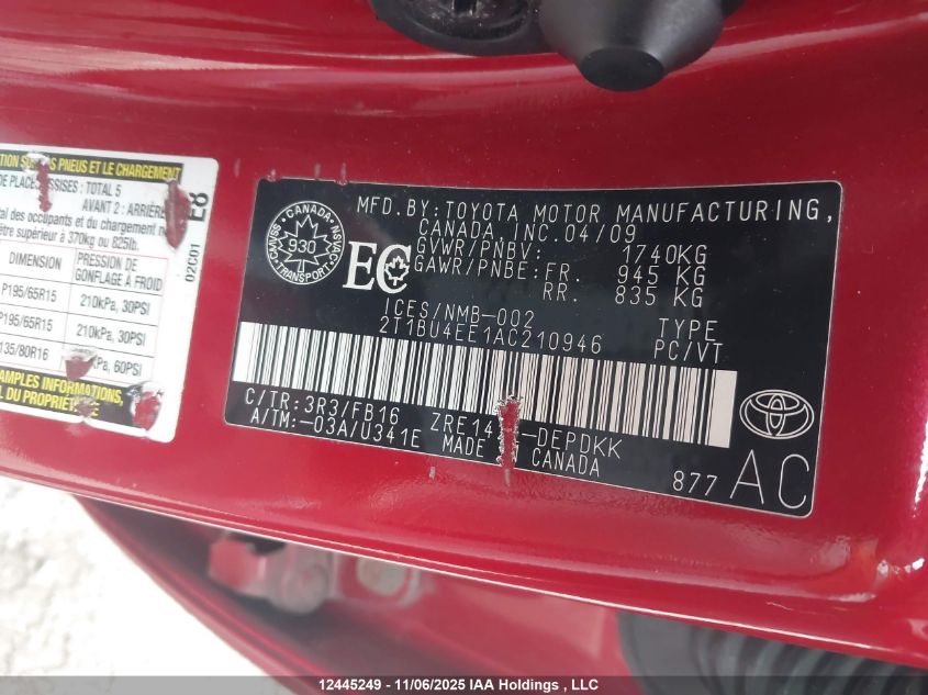 2010 Toyota Corolla Ce VIN: 2T1BU4EE1AC210946 Lot: 12445249