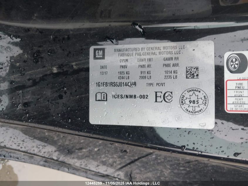 2018 Chevrolet Camaro Lt VIN: 1G1FB1RS6J0144368 Lot: 12445259