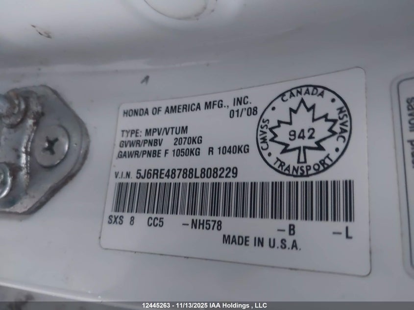 5J6RE48788L808229 2008 HONDA CR-V photo no. 9