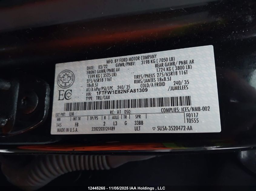 2022 Ford F-150 Xlt VIN: 1FTFW1E82NFA81309 Lot: 12445265