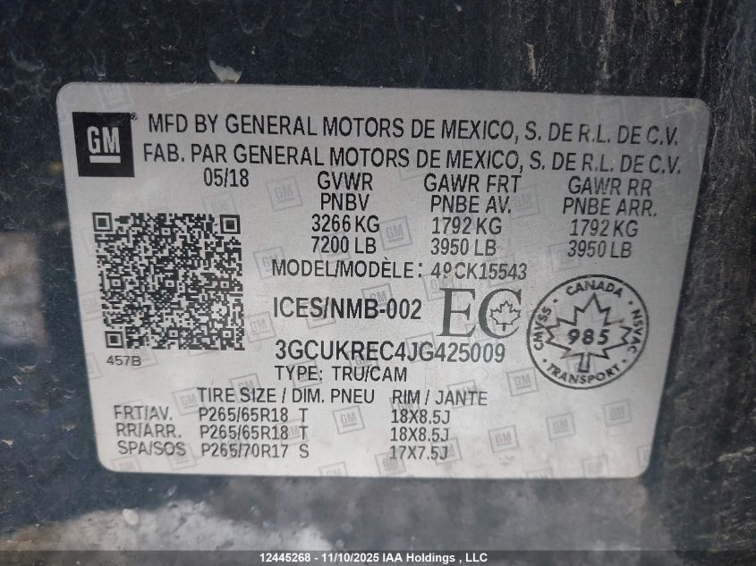 2018 Chevrolet Silverado 1500 1Lt/2Lt VIN: 3GCUKREC4JG425009 Lot: 12445268