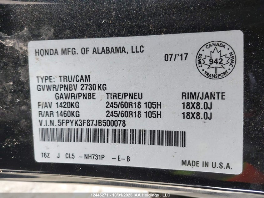 5FPYK3F87JB500078 2018 HONDA RIDGELINE photo no. 9