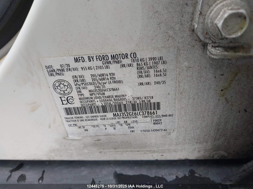 MAJ3S2GE6LC378661 2020 FORD ECOSPORT photo no. 9