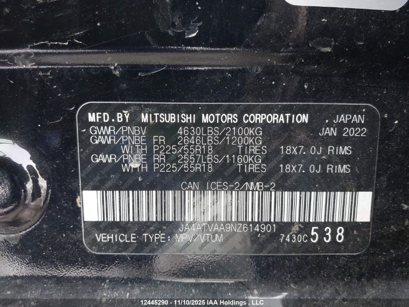 2022 Mitsubishi Eclipse Cross Le VIN: JA4ATVAA9NZ614901 Lot: 12445290