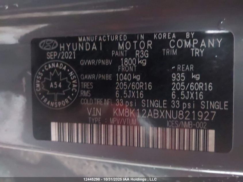 2022 Hyundai Kona Se VIN: KM8K12ABXNU821927 Lot: 12445298