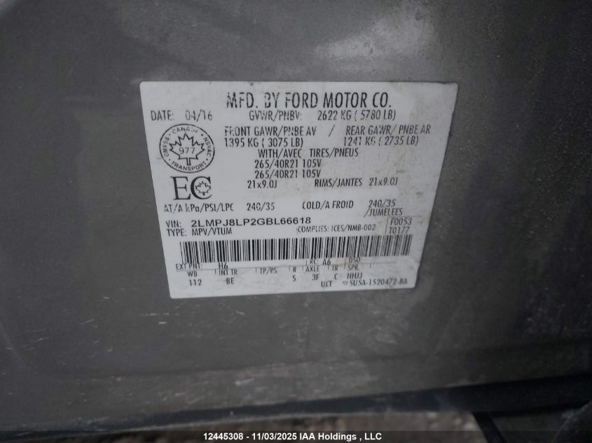 2016 Lincoln Mkx Reserve VIN: 2LMPJ8LP2GBL66618 Lot: 12445308