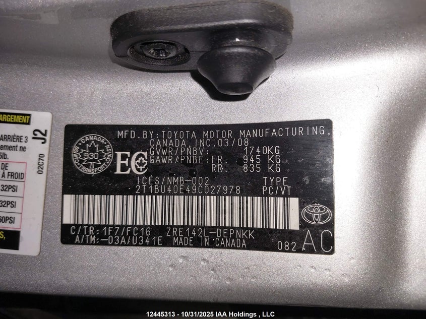 2T1BU40E49C027978 2009 TOYOTA COROLLA photo no. 9