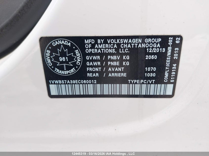 2014 Volkswagen Passat VIN: 1VWBS7A39EC060012 Lot: 12445319