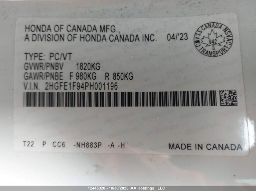 2023 Honda Civic Touring VIN: 2HGFE1F94PH001196 Lot: 12445320