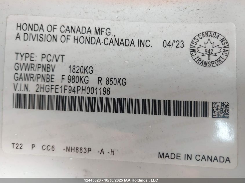 2023 Honda Civic Touring VIN: 2HGFE1F94PH001196 Lot: 12445320