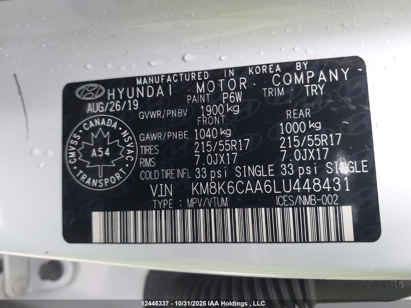 2020 Hyundai Kona Sel Plus VIN: KM8K6CAA6LU448431 Lot: 12445337