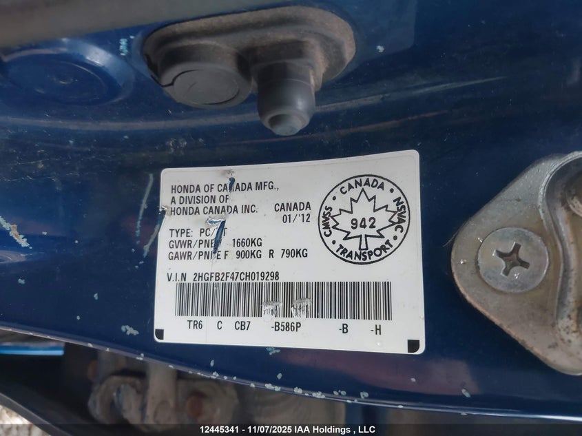 2HGFB2F47CH019298 2012 HONDA CIVIC photo no. 9