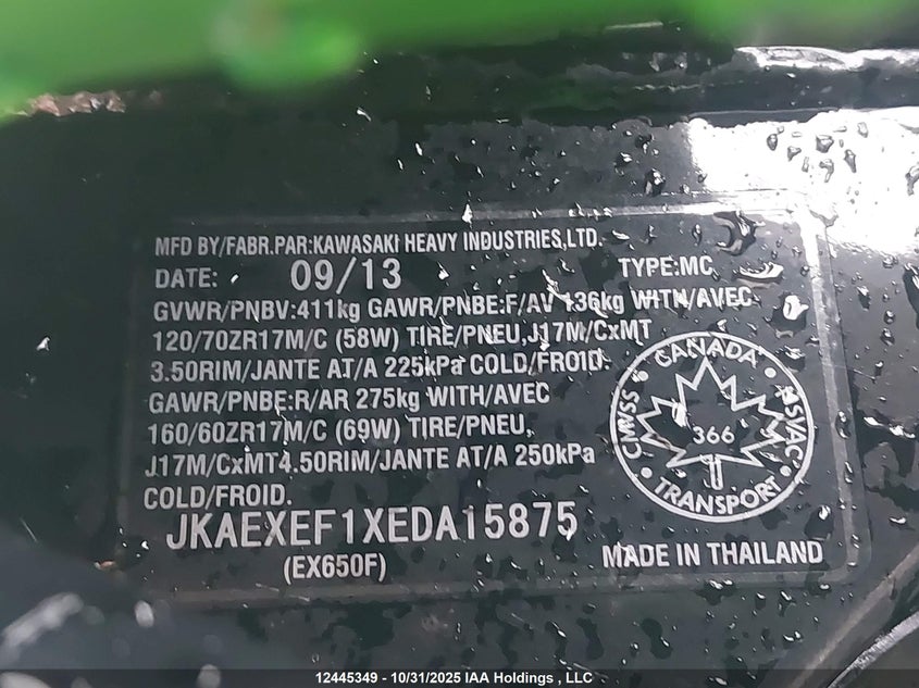 2014 Kawasaki Ex650 F VIN: JKAEXEF1XEDA15875 Lot: 12445349