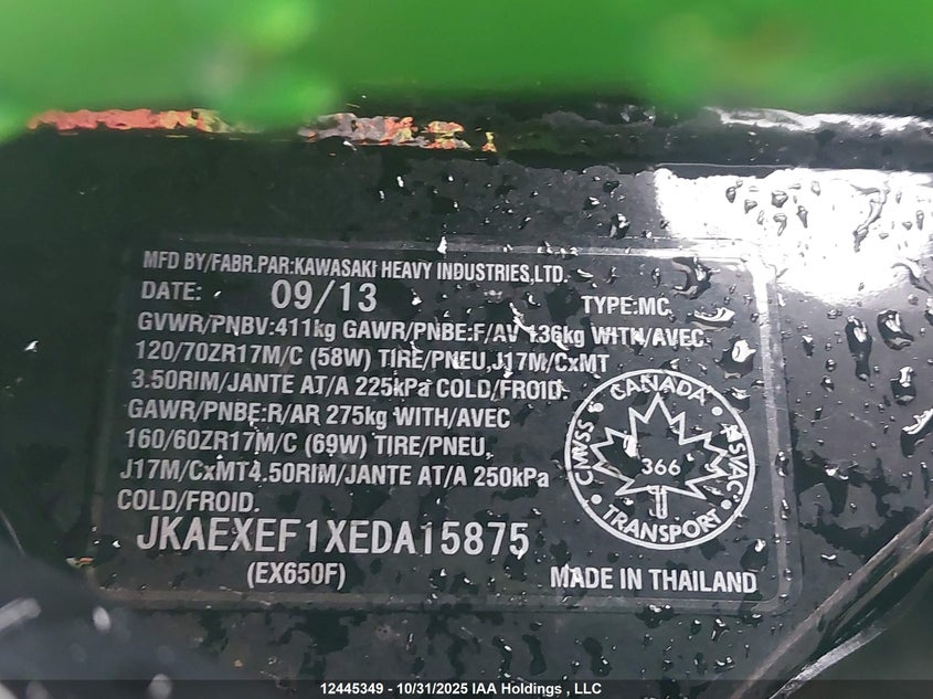 2014 Kawasaki Ex650 F VIN: JKAEXEF1XEDA15875 Lot: 12445349