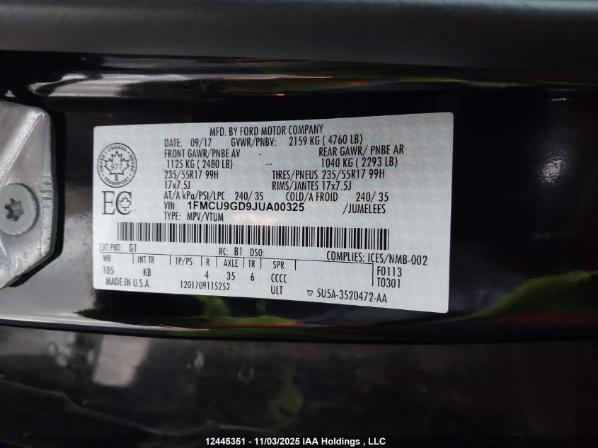 2018 Ford Escape Se VIN: 1FMCU9GD9JUA00325 Lot: 12445351