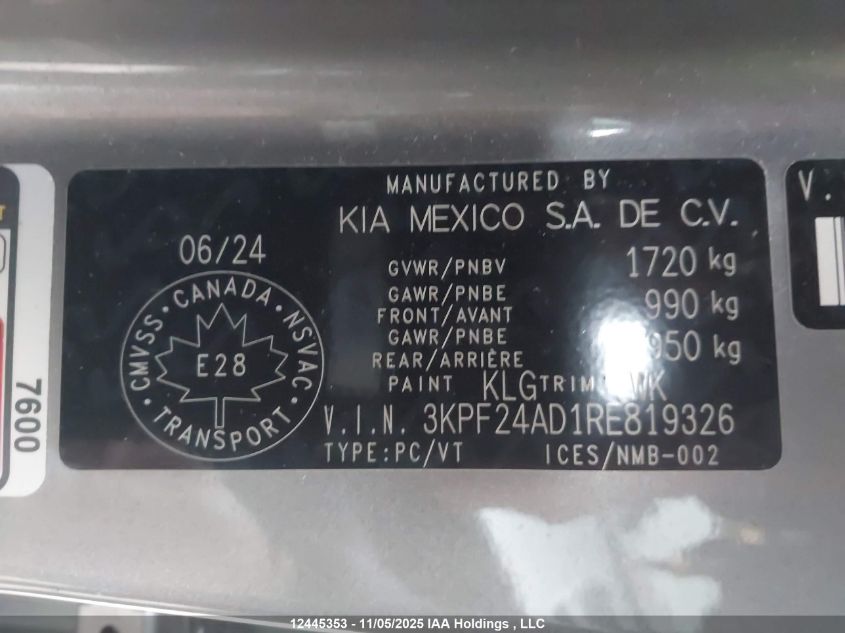 2024 Kia Forte Lx/Lxs VIN: 3KPF24AD1RE819326 Lot: 12445353