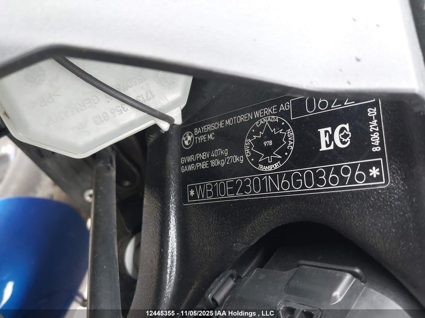 2022 BMW S 1000 Rr VIN: WB10E2301N6G03696 Lot: 12445355