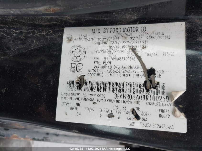 2011 Ford Fusion Se VIN: 3FAHP0HA0BR100250 Lot: 12445368