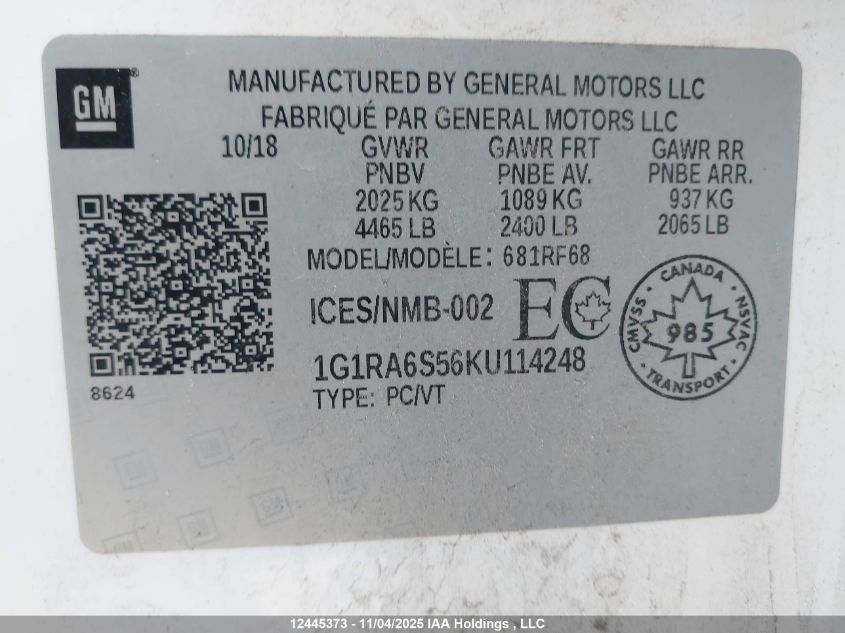 2019 Chevrolet Volt VIN: 1G1RA6S56KU114248 Lot: 12445373