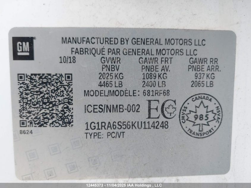 2019 Chevrolet Volt VIN: 1G1RA6S56KU114248 Lot: 12445373