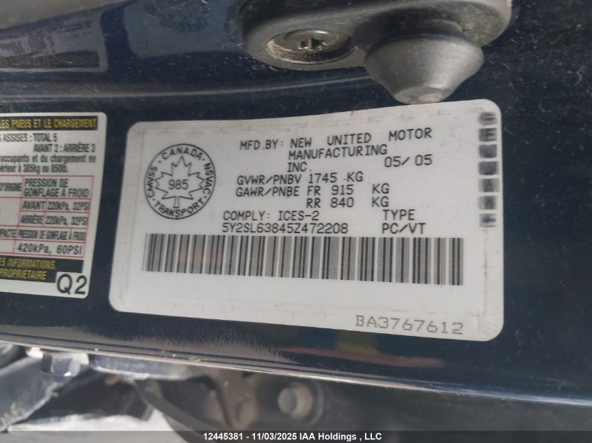 2005 Pontiac Vibe VIN: 5Y2SL63845Z472208 Lot: 12445381