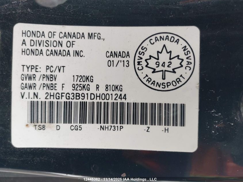 2013 Honda Civic Exl VIN: 2HGFG3B91DH001244 Lot: 12445382