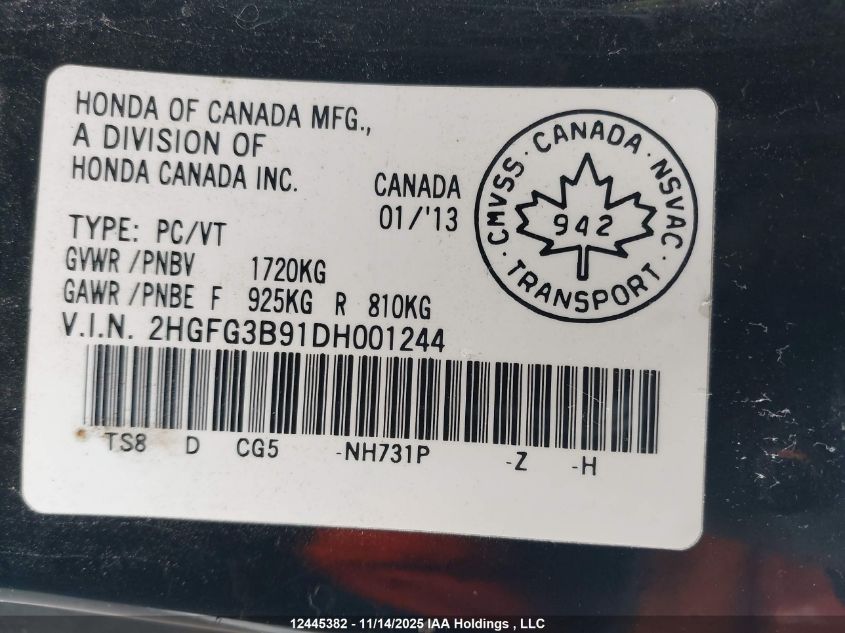 2013 Honda Civic Exl VIN: 2HGFG3B91DH001244 Lot: 12445382