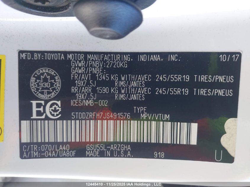 2018 Toyota Highlander Limited VIN: 5TDDZRFH7JS491576 Lot: 12445410