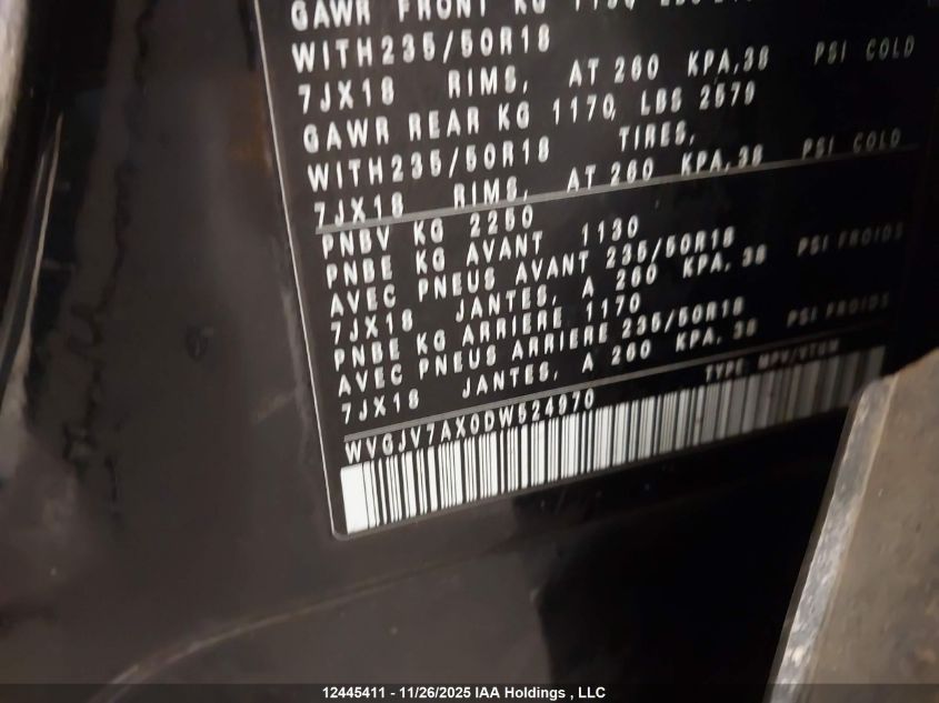 2013 Volkswagen Tiguan 2.0 Tsi Comfortline/2.0 Tsi Highline/2.0 Tsi Trendline VIN: WVGJV7AX0DW524970 Lot: 12445411