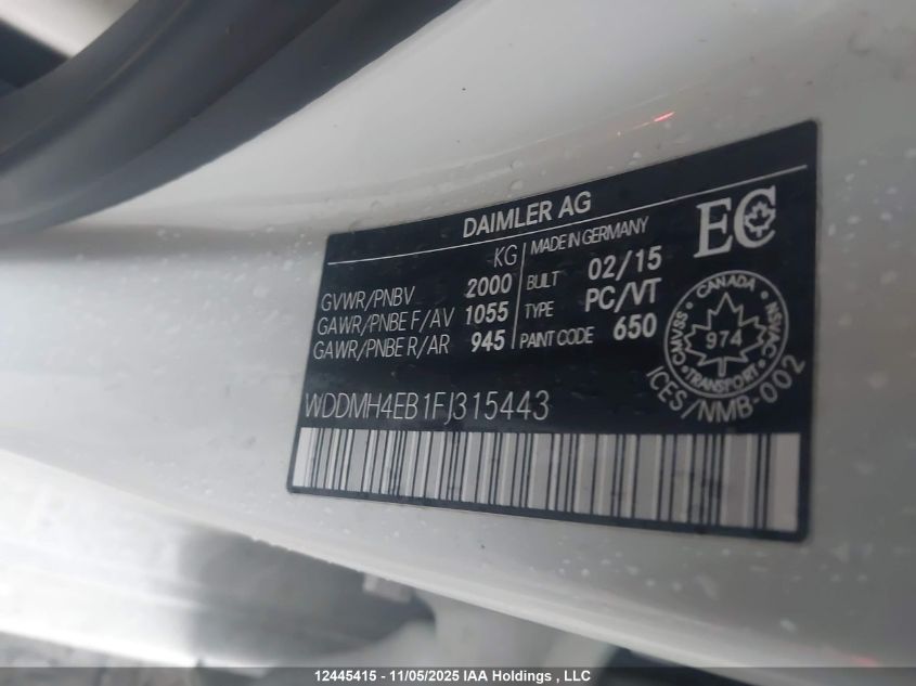 2015 Mercedes-Benz B 250 Sports Tourer VIN: WDDMH4EB1FJ315443 Lot: 12445415