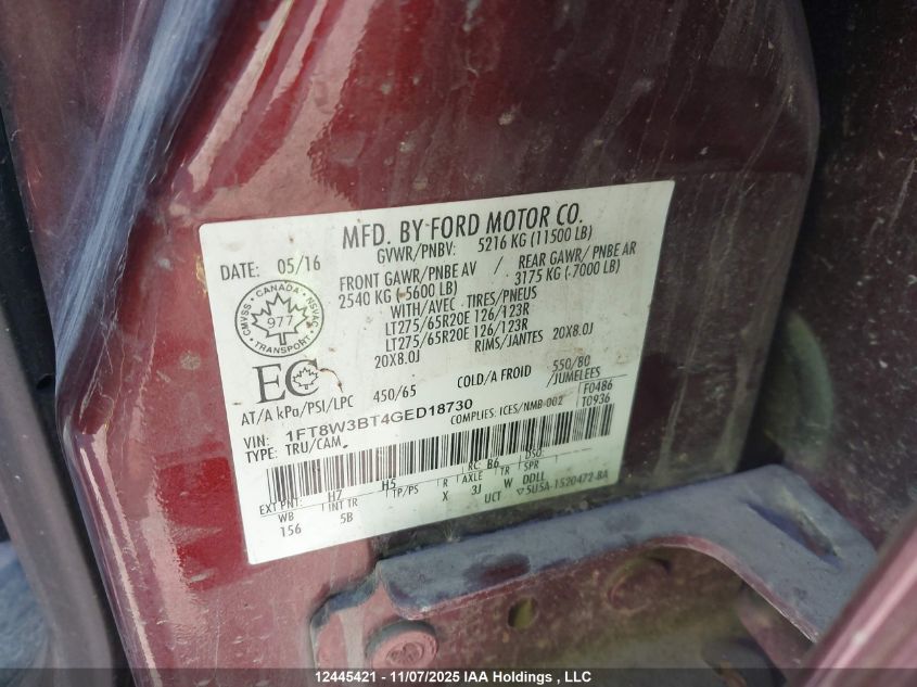 2016 Ford F-350 Lariat VIN: 1FT8W3BT4GED18730 Lot: 12445421