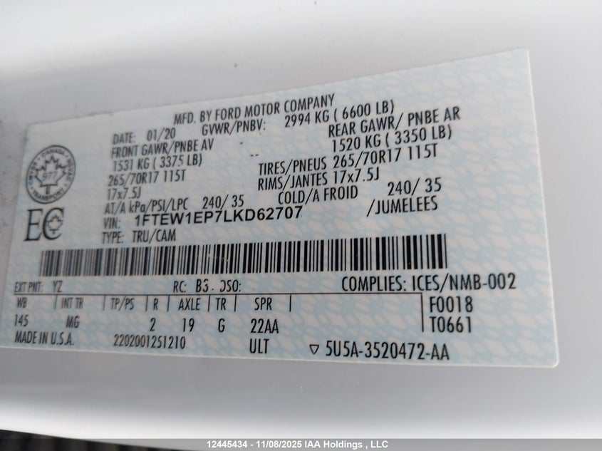 1FTEW1EP7LKD62707 2020 FORD F-150 photo no. 8