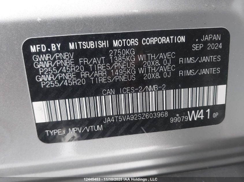 2025 Mitsubishi Outlander Phev Le/Se/Sel VIN: JA4T5VA92SZ603968 Lot: 12445453