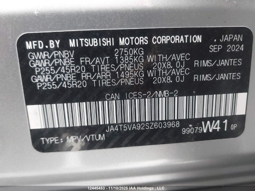 2025 Mitsubishi Outlander Phev Le/Se/Sel VIN: JA4T5VA92SZ603968 Lot: 12445453