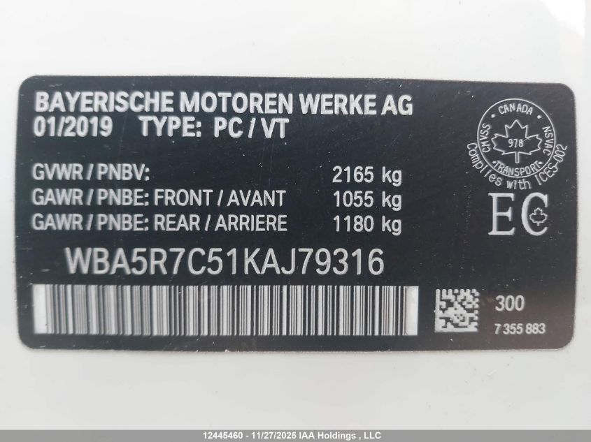 2019 BMW 330Xi VIN: WBA5R7C51KAJ79316 Lot: 12445460