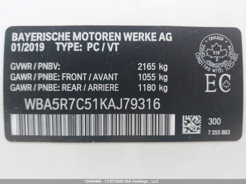 2019 BMW 330Xi VIN: WBA5R7C51KAJ79316 Lot: 12445460
