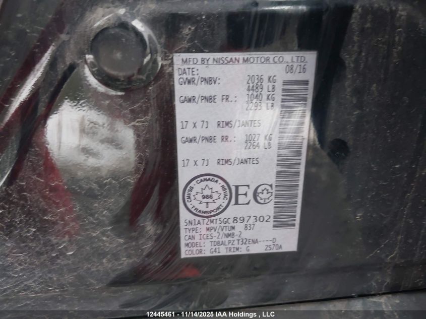 2016 Nissan Rogue S/Sv VIN: 5N1AT2MT5GC897302 Lot: 12445461