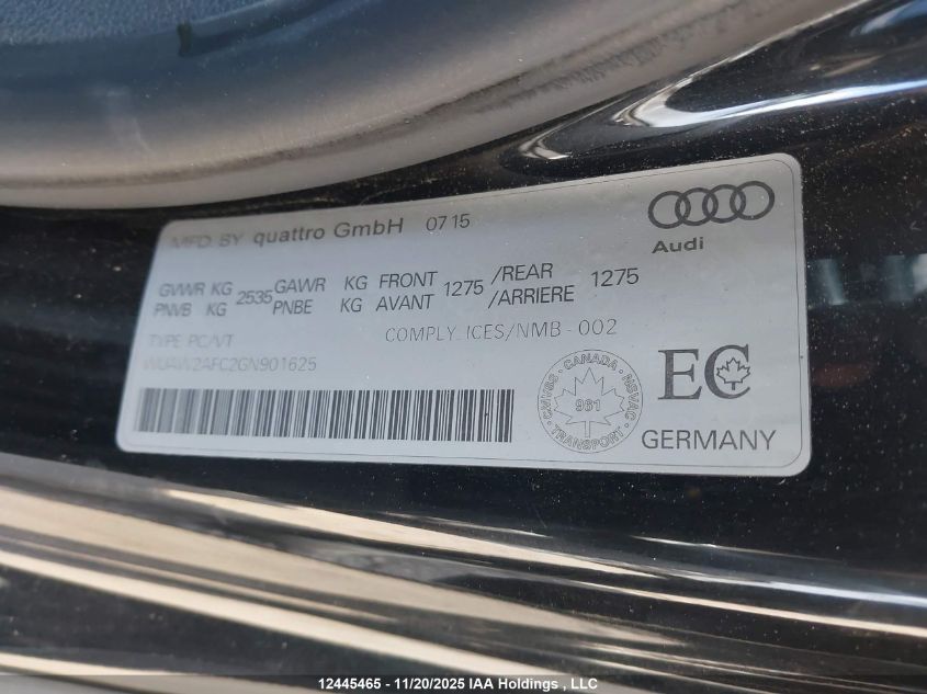 2016 Audi Rs7 VIN: WUAW2AFC2GN901625 Lot: 12445465