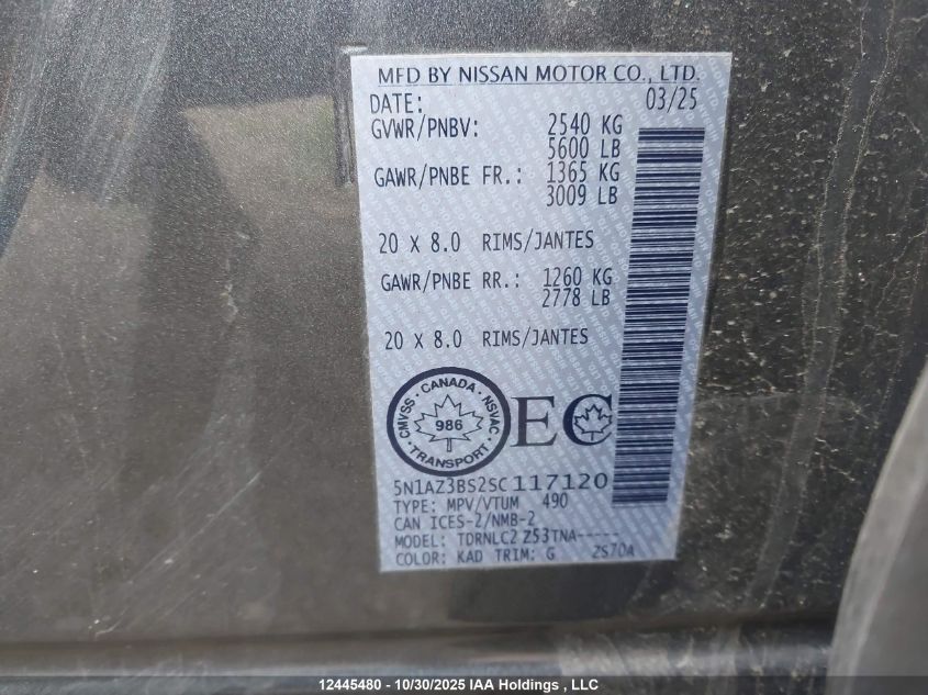 2025 Nissan Murano Sv VIN: 5N1AZ3BS2SC117120 Lot: 12445480