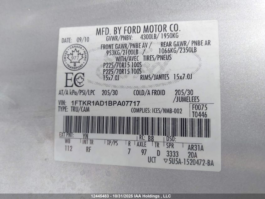 2011 Ford Ranger VIN: 1FTKR1AD1BPA07717 Lot: 12445483