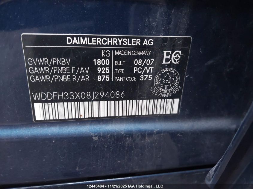 2008 Mercedes-Benz B 200 VIN: WDDFH33X08J294086 Lot: 12445484