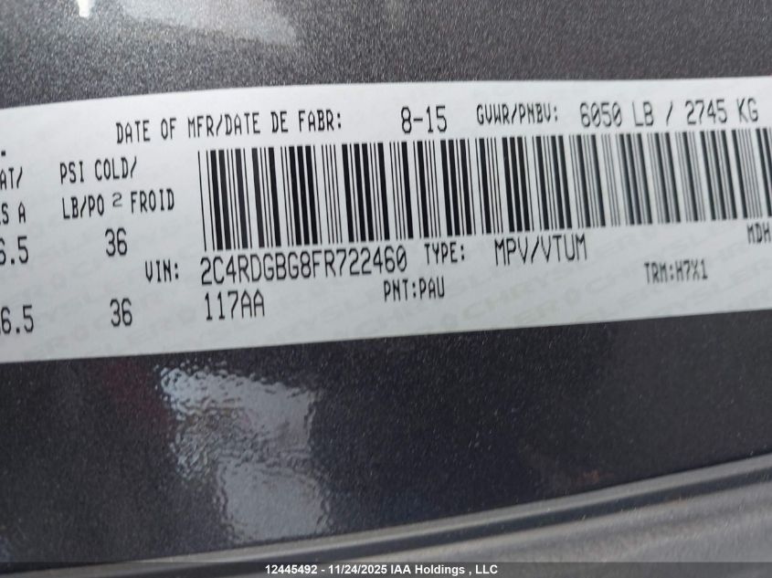 2015 Dodge Grand Caravan Se/Sxt VIN: 2C4RDGBG8FR722460 Lot: 12445492