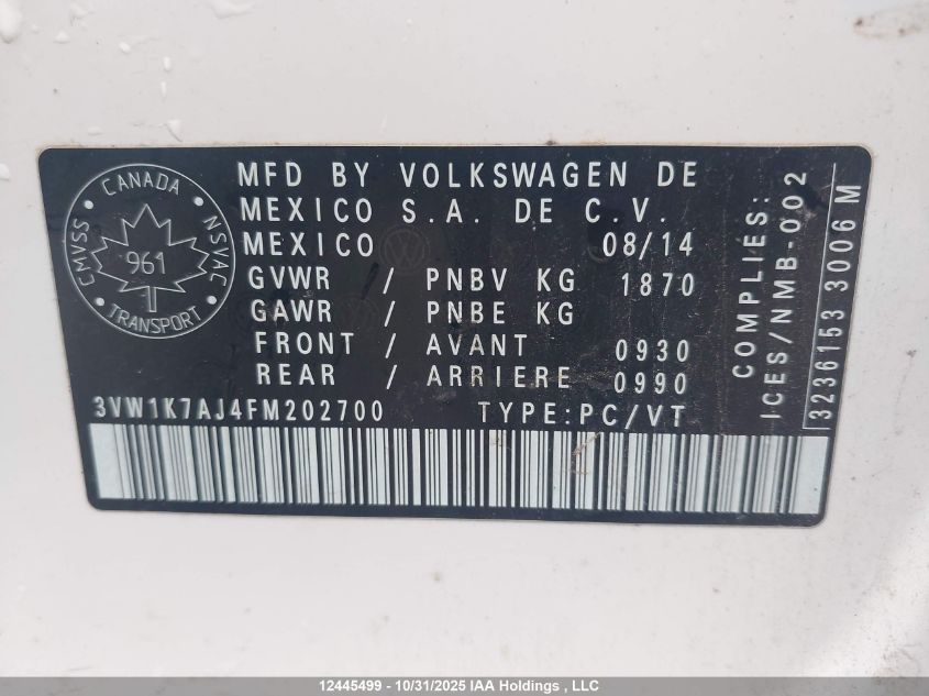 2015 Volkswagen Jetta S VIN: 3VW1K7AJ4FM202700 Lot: 12445499